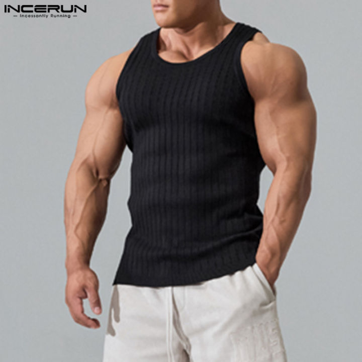 incerun-เสื้อกล้ามผู้ชายแขนกุดลายทางเรียบระบายอากาศได้ดีเสื้อกล้ามแนวสปอร์ต-สไตล์เกาหลี