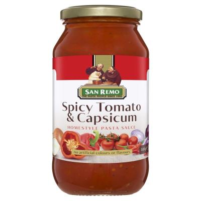 San Remo Spicy Tomato &amp; Capsicum Pasta Sauce ซานรีโม่สไปซี่โทเมโท้ แอนด์ แคปซิคั่ม พาสต้าซอส ขนาด 500 กรัม (0611)