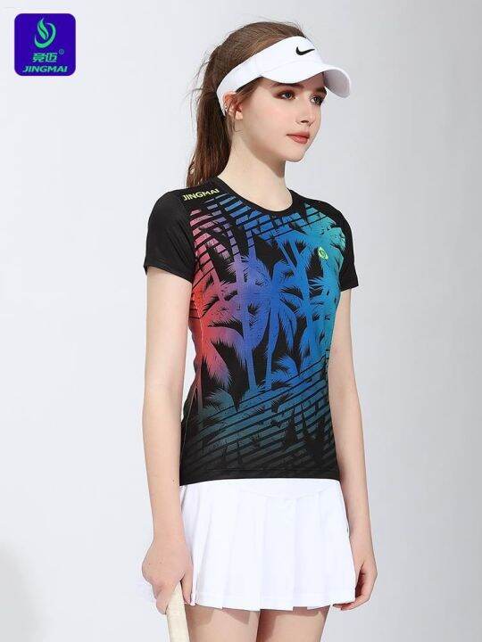 2023-jingmai-เสื้อผ้าเทนนิสใหม่ฤดูใบไม้ผลิและฤดูร้อนชุดสูทผู้หญิงเข้ารูปชุดกีฬาแบดมินตันชุดกีฬาแขนสั้นระบายอากาศสไตล์แห้งเร็วทันสมัย
