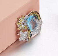 925 Sterling Silver Luxury Hot Colorful Rainbow Cute Brooch Colorful Sun Cloud Zircon Women Brooch Pin Jewelry Blue Square Stone