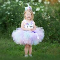 Baby Girls Pastel Unicorn Tutu Dress Kids Crochet Flower Tulle Dress with Hairbow Children Birthday Party Costume Cartoon Dress Dresses