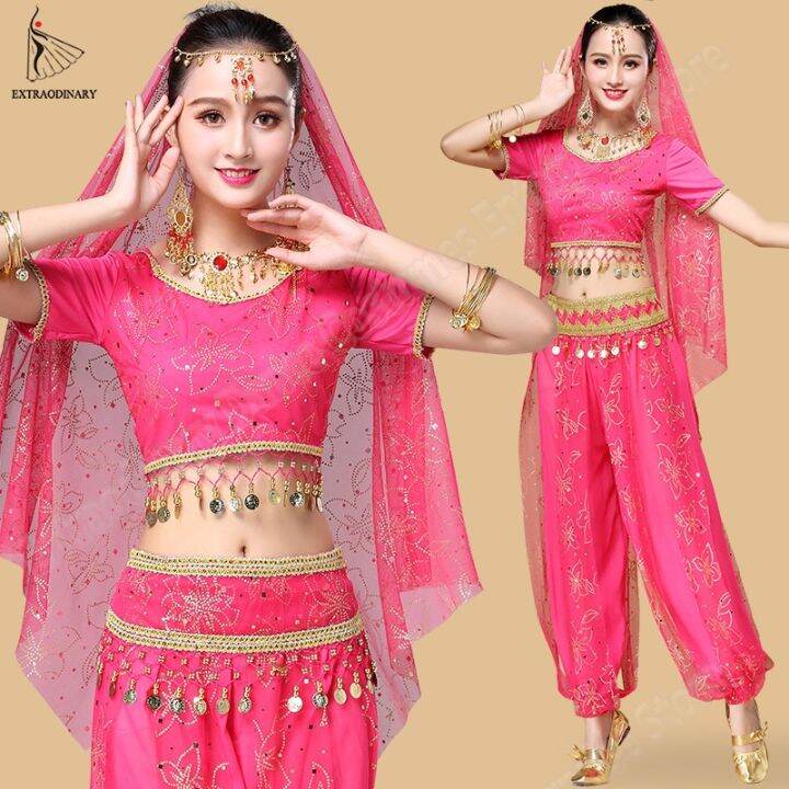 hot-dt-bollywood-costumes-set-belly-sari-dancewear-coin-top-pants-veil-headwear