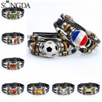 Soccer  Leather Bracelet  World Countries Flag Glass Dome Handmade Braided Multilayer Bracelets National Football Lover Gifts Cables