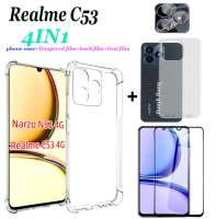 4in1Realme C30 C55 C53โปร่งใสเคสโทรศัพท์ Realme Narzo N53เคสโทรศัพท์ถุงลมรับแรงกระแทกโปร่งใส + ฟิล์มกันรอยกันกระแทกเต็มหน้าจอ + สติ๊กเกอร์ติดมือถือลายแบทแมนคาร์บอนไฟเบอร์ + ฟิล์มเลนส์