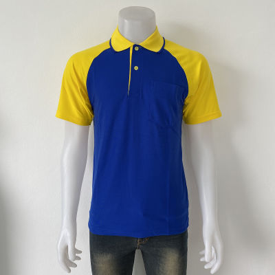 เสื้อโปโลแขนสั้น polo shirt แบบชาย สีน้ำเงินแขนเหลือง เนื้อผ้านุ่ม สวมใส่สบาย มีบริการส่งเก็บเงินปลายทาง ส่งทั่วประเทศ