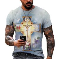 เสื้อยืดพระเยซูคริสต์สำหรับผู้ชายเสื้อลายแขนสั้นพิมพ์ลายไขว้3D เสื้อยืดศาสนาแนววินเทจเสื้อผ้าผู้ชายเสื้อยืดโอเวอร์ไซส์