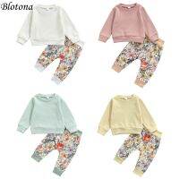 Blotona Baby Girls Spring Fall 2Pcs Clothes Set, Solid Color Pullover Sweatshirt Tops and Floral Pattern Trousers, 0-24Months  by Hs2023