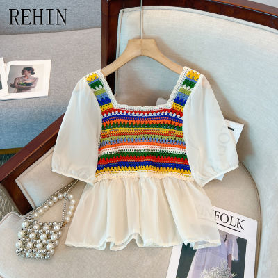 REHIN เสื้อผู้หญิง2023โครเชต์กลวงเย็บปะติดปะต่อกันแขนครึ่งการออกแบบที่ไม่เหมือนใครมีสไตล์เสื้อชีฟองฤดูร้อน