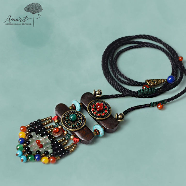 amart-vintage-women-boho-สร้อยคอโบฮีเมียนลูกปัดหิน-slice-จี้เชือกยาวของขวัญเครื่องประดับแบบโซ่