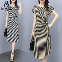 Women Dress Retro Striped Printing Round Neck Short-sleeved Waist Fit Slit Midi Skirt【fast】