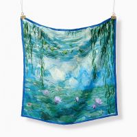 ☌  Monet Oil Painting Twill 100  Silk Scarf Fashion Bandana Women Scarf Wraps 53cm Square Scarves Hijab Head Scarf Neckerchief