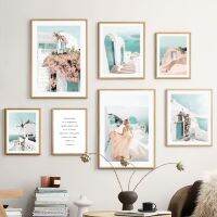 Ocean Windmill ดอกไม้ Santorini LandscapeWall Art ภาพวาดผ้าใบ Nordic โปสเตอร์และพิมพ์ภาพผนังสำหรับตกแต่งห้องนั่งเล่น New