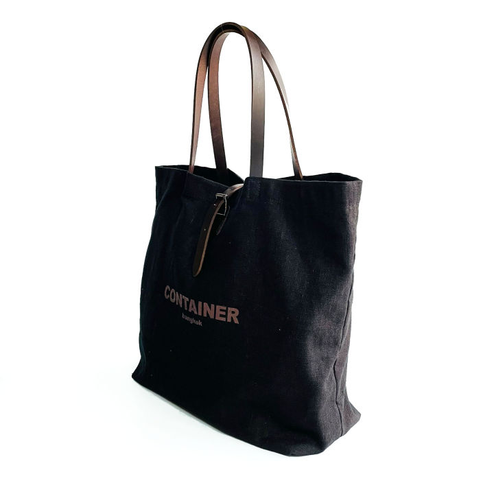 กระเป๋าสะพายใยกัญชงสีย้อมดำ-hemp-tote-ฺblack-leather-brown