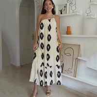 【YF】 2023 Summer Sleeveless Backless Lady Robe Printed Beach Dress Women Loose Bow Lace Up One Shoulder Female Long Straight Dresses