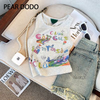 PEAR DODO ลายพิมพ์ตัวอักษรการ์ตูนฮิปฮอปเกาหลีเสื้อกล้ามสั้นสำหรับผู้หญิง