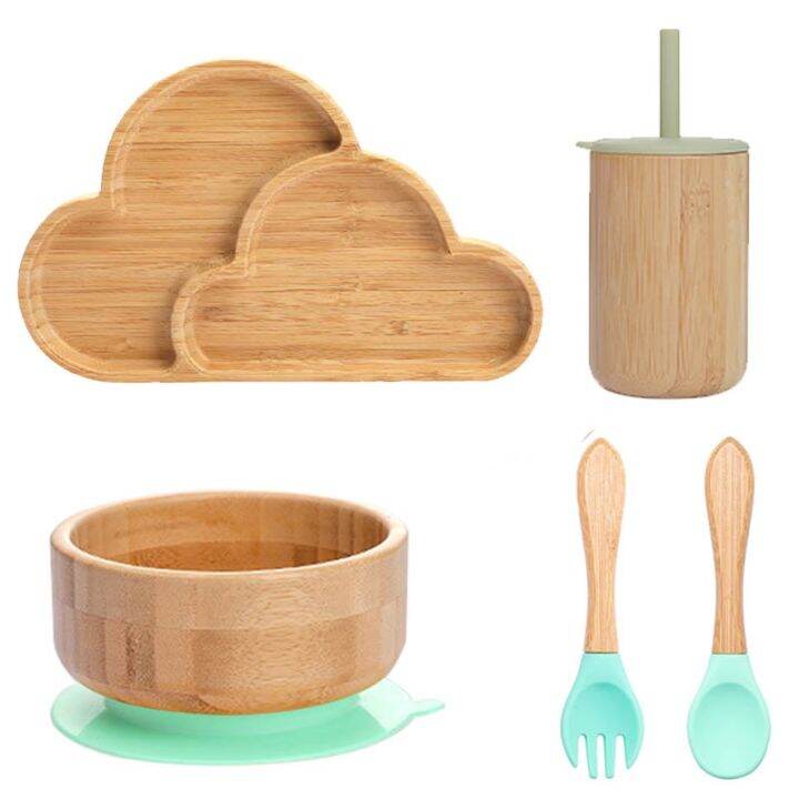 bite-bites-5pcs-set-childrens-tableware-baby-bowl-plate-fork-spoon-cup-suction-feeding-food-bamboo-tableware-bpa-free-non-slip