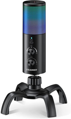 USB Gaming Microphone,Aokeo PC Computer Condenser Mic with Gain,RGB Light for Recording,Podcasting,Streaming,YouTube, Twitch,Skype,Compatible with PS5 PS4 Mac Laptop Desktop（Black）