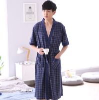 Hot Sale 2021 Classic Plaid Bath Robe Summer Thin Cotton Casual Nightgown Long Bathrobe Men Sleepwear Short Sleeve Robes XL-4XL