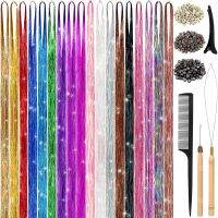 18 Colors Shiny Threads Glitter Hair Tinsel Kit Gold Silk Hair Glitter String Extensions Accessories for Women Headdress Wig  Hair Extensions  Pads