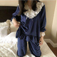 Autumn Winter Womens Lolita Flannel Ruffle Pajama Sets Lace Tops+Pants Vintage Ladies Girls Pyjamas