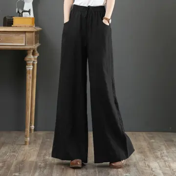 Womens Cotton Linen Trousers Wide Leg long Pants Ladies Elastic
