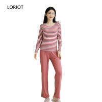 LORIOT กางเกงเสื้อแขนยาว Pyjamas กาเกงนอน Loungewear ลายทางของผู้หญิง,SA1469เซ็กซี่ลำลองสไตล์เกาหลี