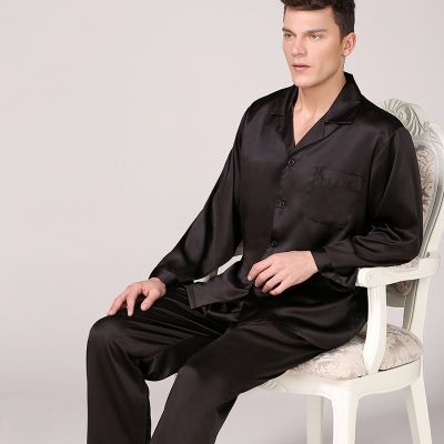 Spring Autumn PLUS SIZE Pajamas Suit Men Sleepwear Soft Faux Silk Satin Pijamas Suit Loungewear Black Elastic Waist Home Wear vmn