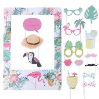 16 Pcs Frame Picture Tropical Hawaiian Photo Booth Set Flamingo Pineapple Props Luau Party Supplies