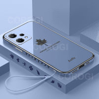 สำหรับ OPPO A77 5G / Realme Narzo 50 (5G) สายคล้องแบบมีเคสหรูหราเคลือบ6D มันวาวใบเมเปิลเคสโทรศัพท์กันชนสี่เหลี่ยมฝาหลังป้องกันซิลิโคนนิ่ม