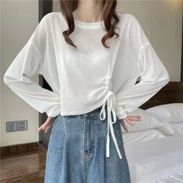 พร้อมส่ง-เสื้อครอปแขนยาว-ผ้าบาง-ใส่สบาย-มีเชือกดึงเช็กซี่-น่ารัก-สไตส์เกาหลี