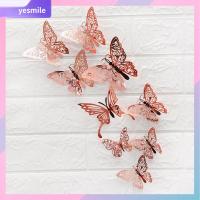 YESMILE 12PCS/Pack หัตถกรรม ของตกแต่งบ้าน เครื่องประดับจัดงานแต่งงาน ทอง เงิน โรสโกลด์ สติ๊กเกอร์มาริโพซ่า สติ๊กเกอร์ติดผนังผีเสื้อ 3D Hollow