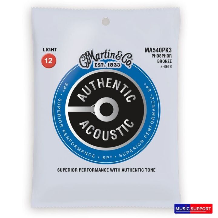 สายกีตาร์โปร่ง MARTIN 3 PACK MA540PK3 12-54 SP PHOSPHOR BRONZE AUTHENTIC ACOUSTIC GUITAR STRINGS LIGHT