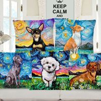 【LZ】☃◎┋  Pitbull jack russell dachshund chihuahua cão pintura a óleo coxim capas decorativas fronha para o sofá 45x45cm