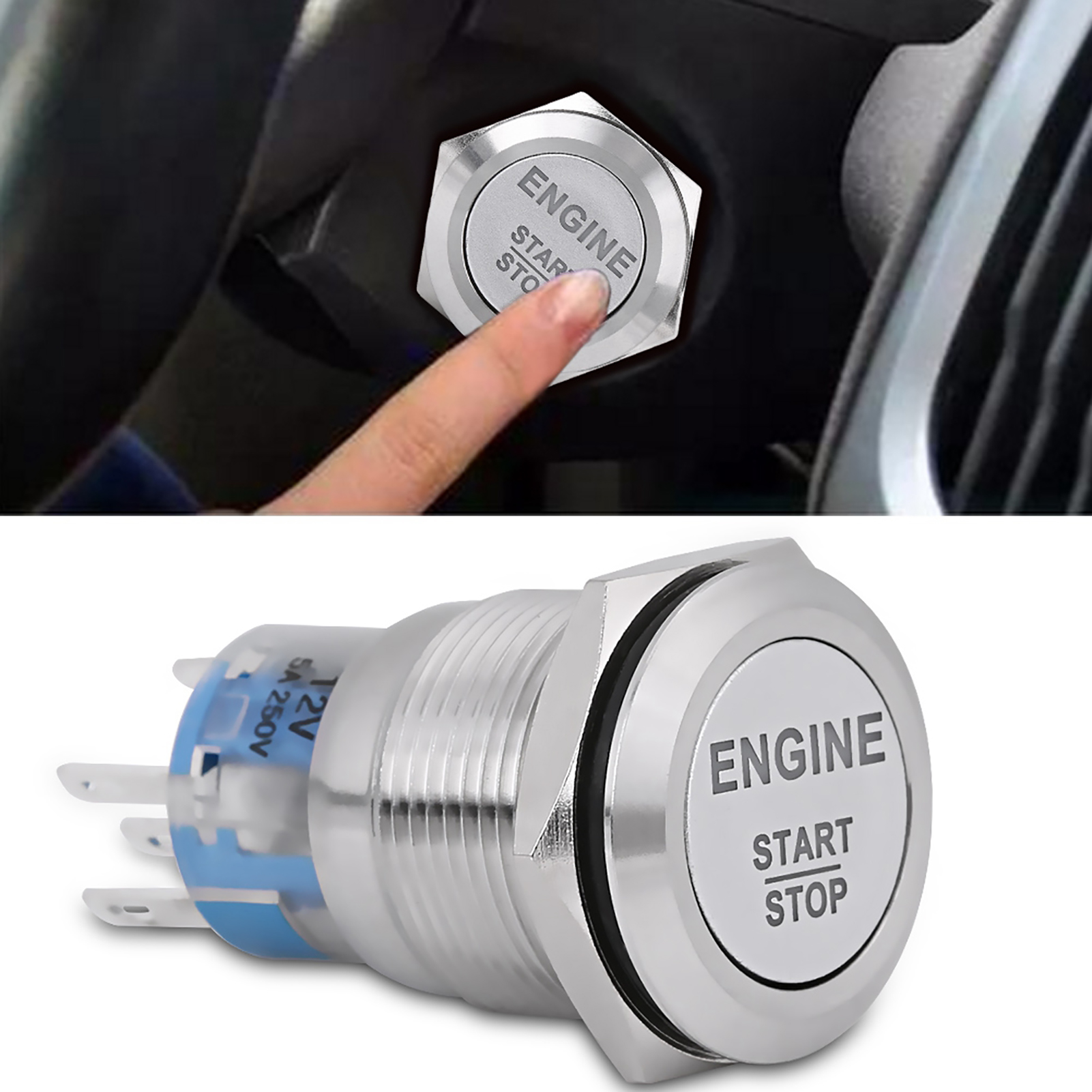 Black Silver Zinc-Aluminium Alloy Silver Push Start Ignition Switch,12V White LED Car Engine Start Stop Push Button Switch Stainless Steel 