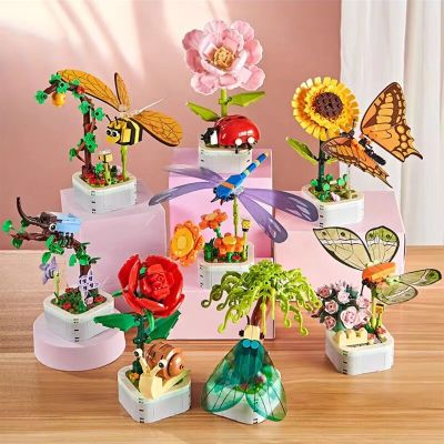 Insect Flower Building Blocks Creative Insect Succulent Bouquet Ornament Interior Decoration Children Adult DIY Assemble Toys