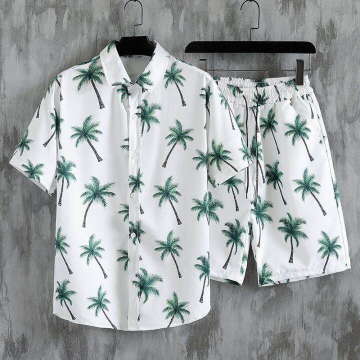 ชุดสูทฤดูร้อนของผู้ชาย-pdd8-14วันหยุดฮาวายเสื้อเชิ๊ตลายดอกไม้หลวมดอกไม้ห้าจุดกางเกงชายหาดคู่รักชุดลำลองของผู้ชาย