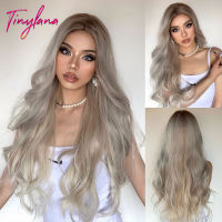 TINY LANA Long Ombre White Brown Blonde Synthetic Wigs Middle Part Big Body Wavy Wigs For Women Natural Cosplay Party Daily Use