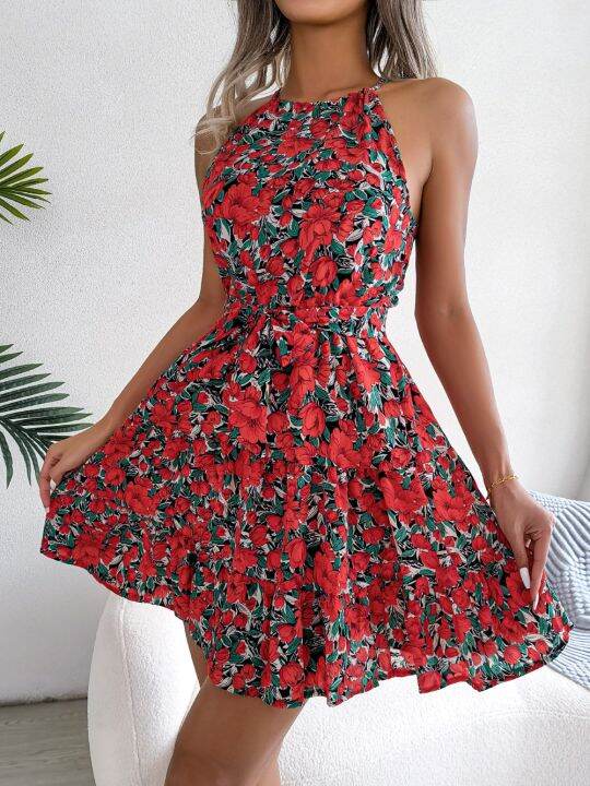 women-summer-casual-floral-print-ruffle-halter-dress