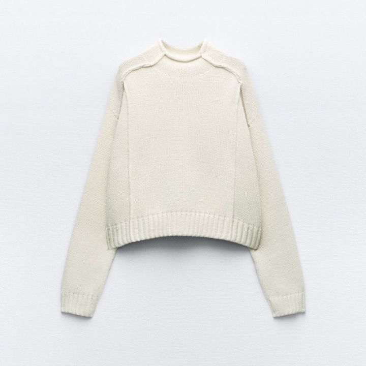 zara-za2023-new-autumn-fashion-trend-womens-stitching-decorative-long-sleeved-stand-up-collar-sweater-3920006-712