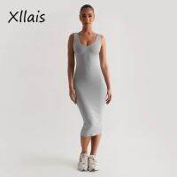 【YF】 XLLAIS Autumn Womens Tank Dress Fashion Grey V Neck High Quality Clothes Sexy Solid Club Bodycon Robe