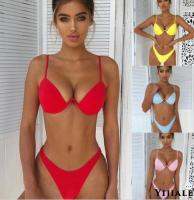 YJ★Women 2PCS Bikini Set, Solid Color Wire Padded V-Shaped Back Buckle , Triangle High Waist Panty, Summer Swimming Set