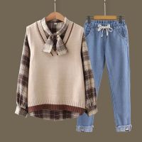 Spot parcel post Junior High School Student Cardigan Coat Autumn and Winter High School Student Girl Two-Piece Knitted Sweater Student Suit Women