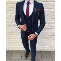 2022 New Tailor Made Lapel Navy Blue One Button Suit Men Double Breast Vest Slim Fit Groom Tuxedos Business 3 Pic Suit Blazer