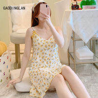 GAODINGLAN Summer Women Sleeveless Sling Nightgown Thin Breathable Yellow Floral Print Nightdress Sweet V Neck Home Sleepwear