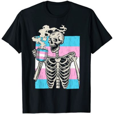 Skeleton Drinking Coffee Lgbt-q Transgender Pride Trans Flag T-shirt XS-6XL