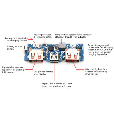 UNI แผงวงจรจ่ายไฟแบบไมโครชนิด C เมนบอร์ด DIY 2.4A 5V แผงชาร์จแบตเตอรี่ลิเธียมแผงวงจร LED Dual USB โมดูลบูสเตอร์18650