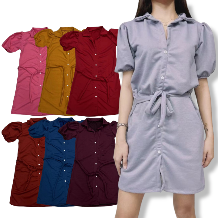 Classy Collar Button Down Dress With Adjustable Tie For Women JF238