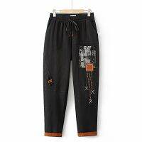 【มีไซส์ใหญ่】Plus Size 2XL-5XL Womens Black Jeans Vintage Embroidery Long Pants with Pockets