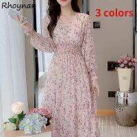 Long Sleeve Dress Women V-Neck Floral Chiffon 3 Colors Holiday Romantic Girls Sweet All-Match Soft A-Line Tender Clothing Chic