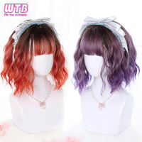 WTB Synthetic Lolita Deep Wave Bob Wig with Bangs for Women Short Black Ombre Purple Heat Resistant Fiber Cosplay Party Wigs